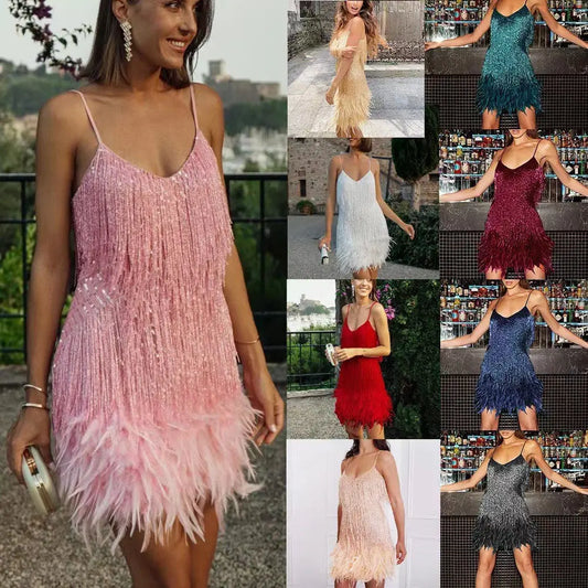V-Ausschnitt Trägerkleid mit Federstickerei