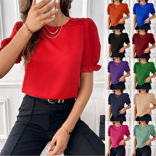 Modisches Pure-Color-Rundhals-Shirt-Top mit Temperament