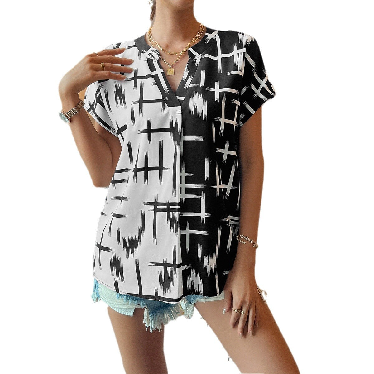 Elegantes Kontrast-Kurzarm-Top aus gewebtem Polyester
