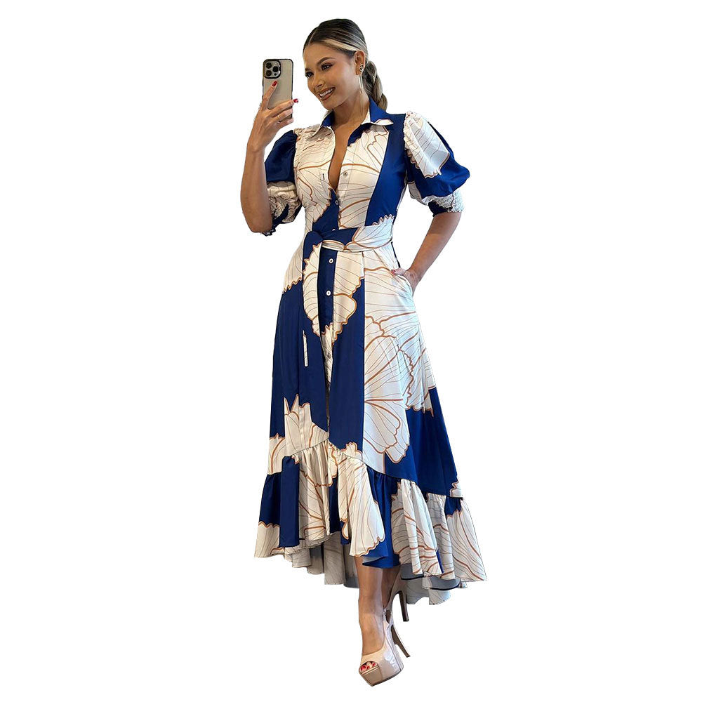 Hoch tailliertes Maxikleid mit unregelmäßigem Druck und Shirt-Cardigan-Stil