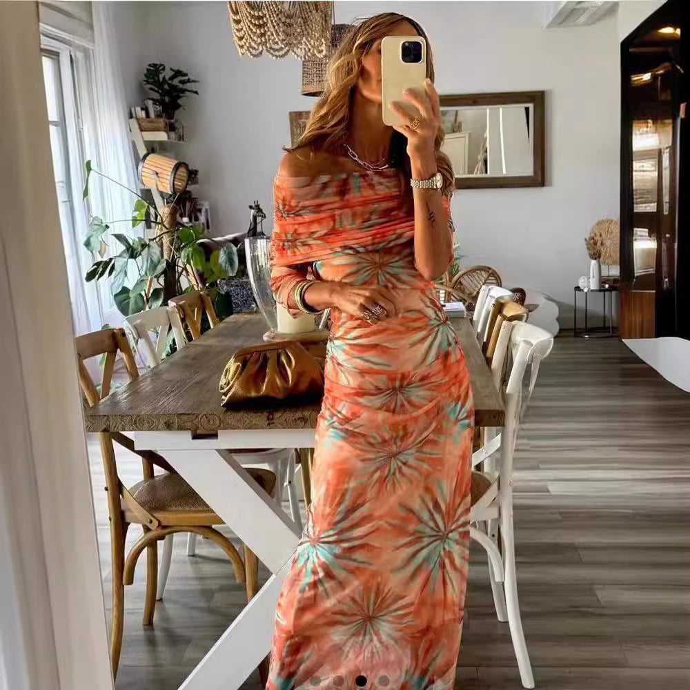 Geblümtes Slim-fit Langarmkleid ohne Ausschnitt für Damen