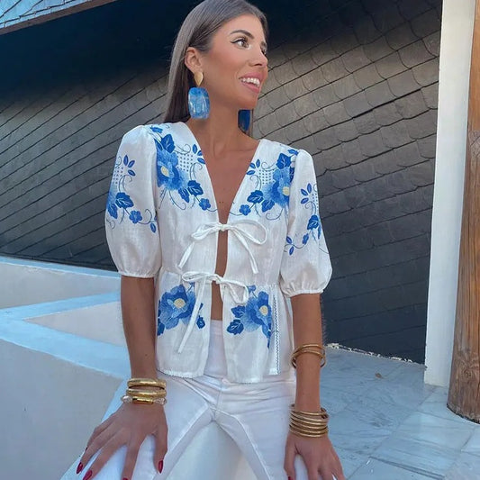 Kurzarm-V-Ausschnitt-Bluse mit Schnürung für Damen