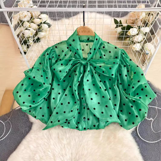 Retro-Punkte-Shirt Damen Süße Schleifenkragen