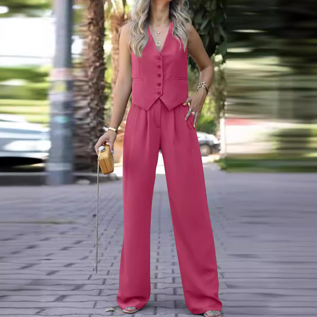Ärmellose V-Ausschnitt Weste mit Weitem Bein Hose Ensemble