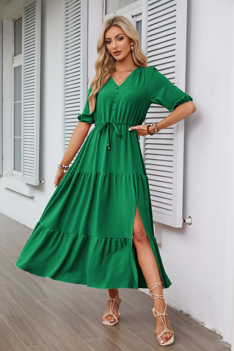 V-Ausschnitt-Knopfleiste Tunnelzug-Schlitzsaum am Saum Kurzarmkleid