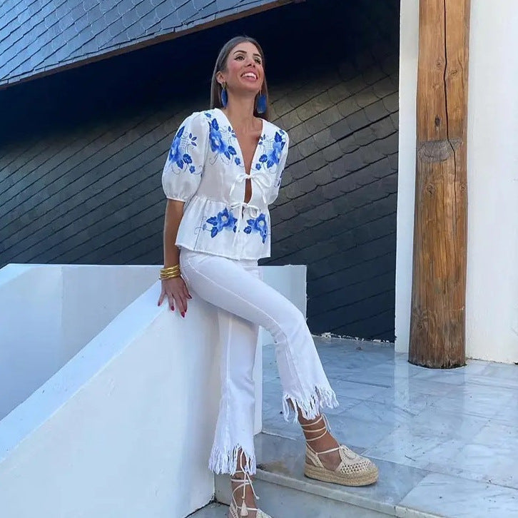 Kurzarm-V-Ausschnitt-Bluse mit Schnürung für Damen