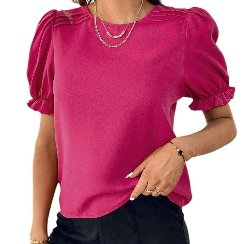 Modisches Pure-Color-Rundhals-Shirt-Top mit Temperament