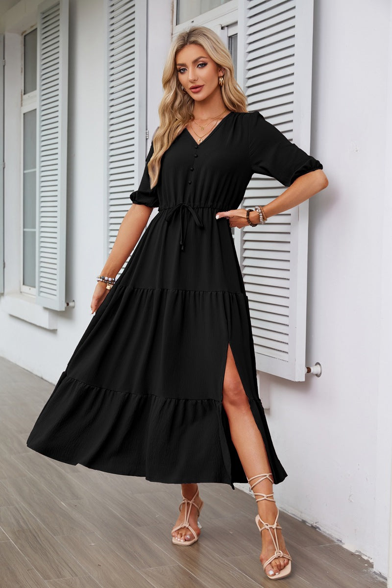 V-Ausschnitt-Knopfleiste Tunnelzug-Schlitzsaum am Saum Kurzarmkleid