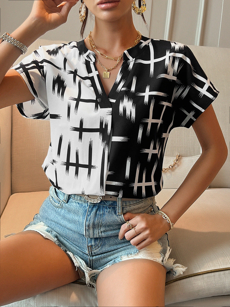 Elegantes Kontrast-Kurzarm-Top aus gewebtem Polyester