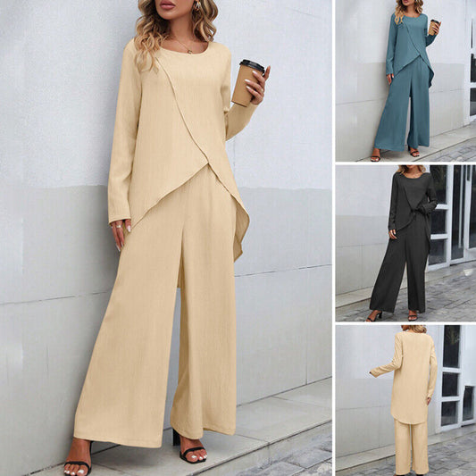 Langarmtop mit unregelmäßigem Saum und weite Hose mit elastischer Taille