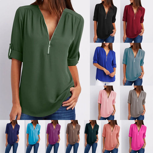 Kurzhemd mit Frauen mit Zipper und V -Flick -Lose Top