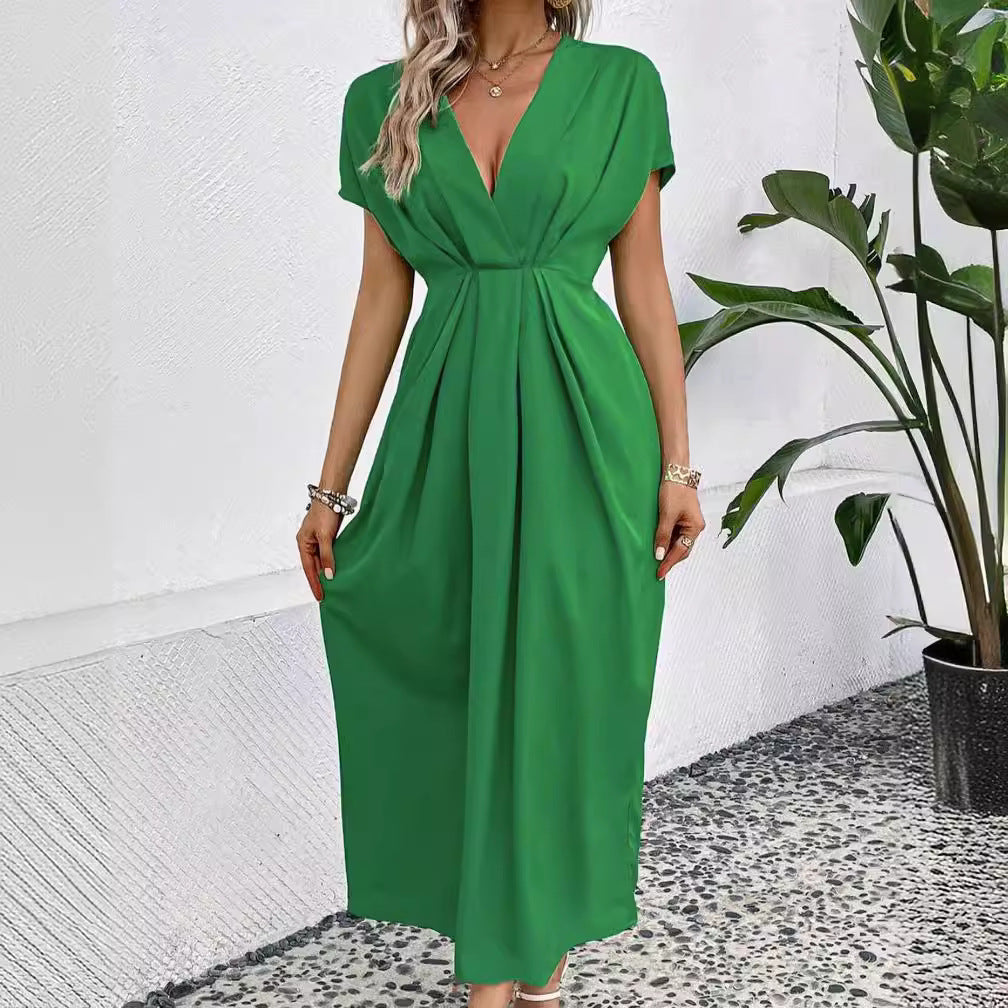 Uni-Farbe V-Ausschnitt Kleid