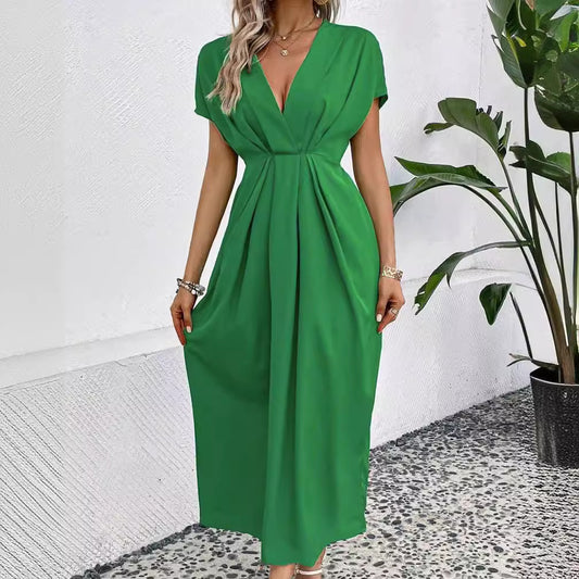 Uni-Farbe V-Ausschnitt Kleid