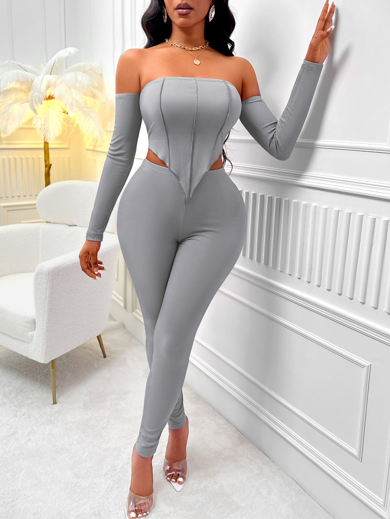 Frauen Herbst Winter Mode Langarm Off-Shoulder Slim Fit Anzug