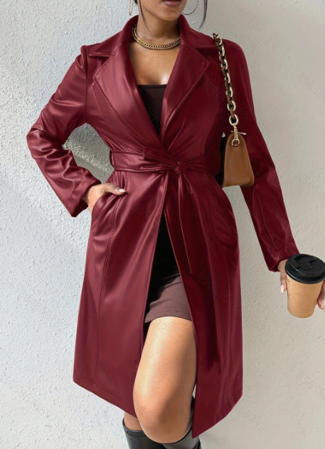 Damen Langärmliger PU-Trenchcoat mit schlanker Passform