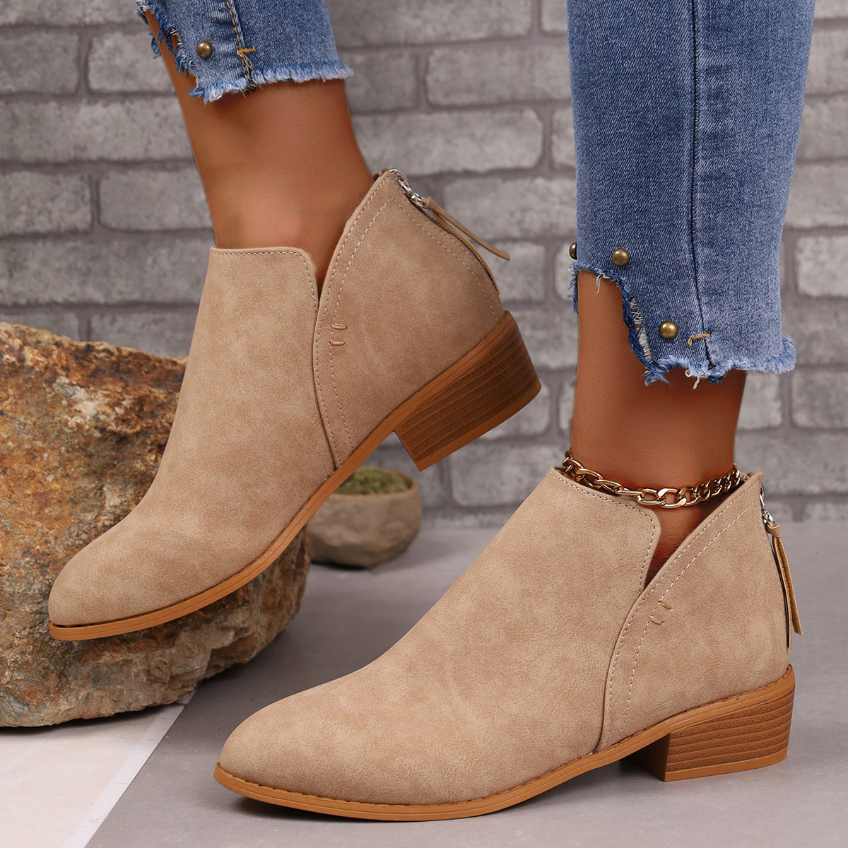 Klobige Ferse V-Schnitt Stiefeletten für Frauen