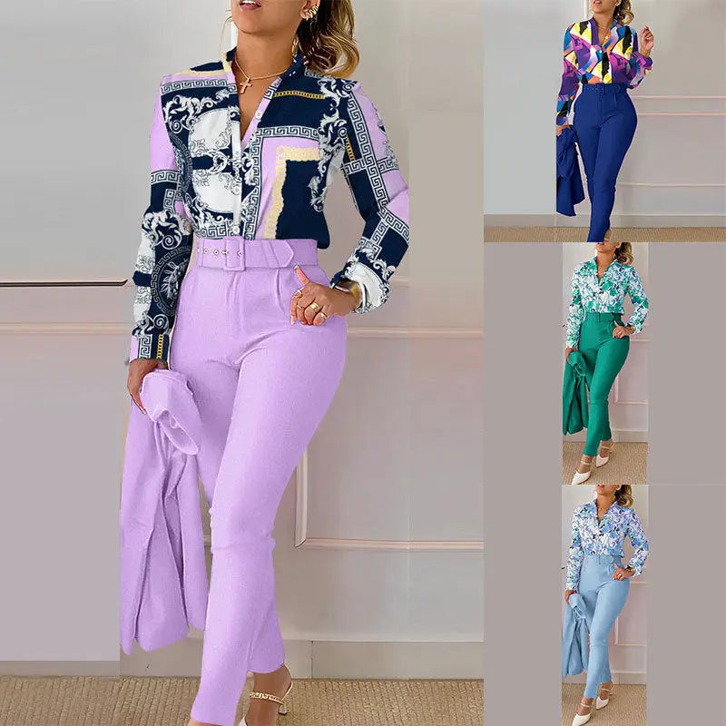 Elegantes Bedrucktes Hosen- und Langarm-Oberteil-Set für Damen