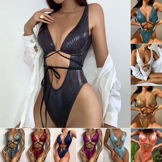 Bikini-Einteiler mit Schnürung - Damen Badeanzug mit Trägern