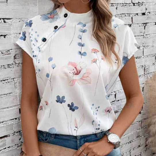 Damen Freizeit Stehkragen Kurzarm Digital bedrucktes Top T-Shirt