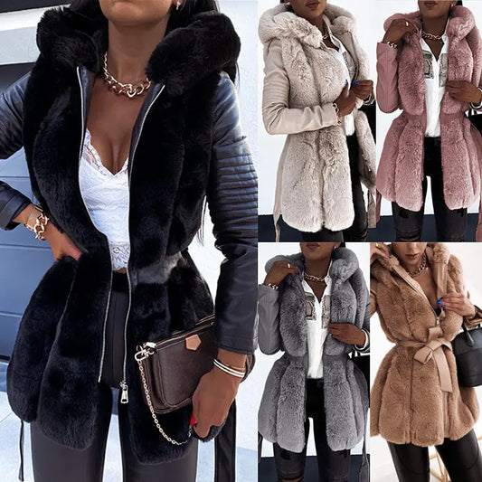 Neue Stil Pelz Gürtel Gürtel Mit Kapuze Zipper Jacke für Damen
