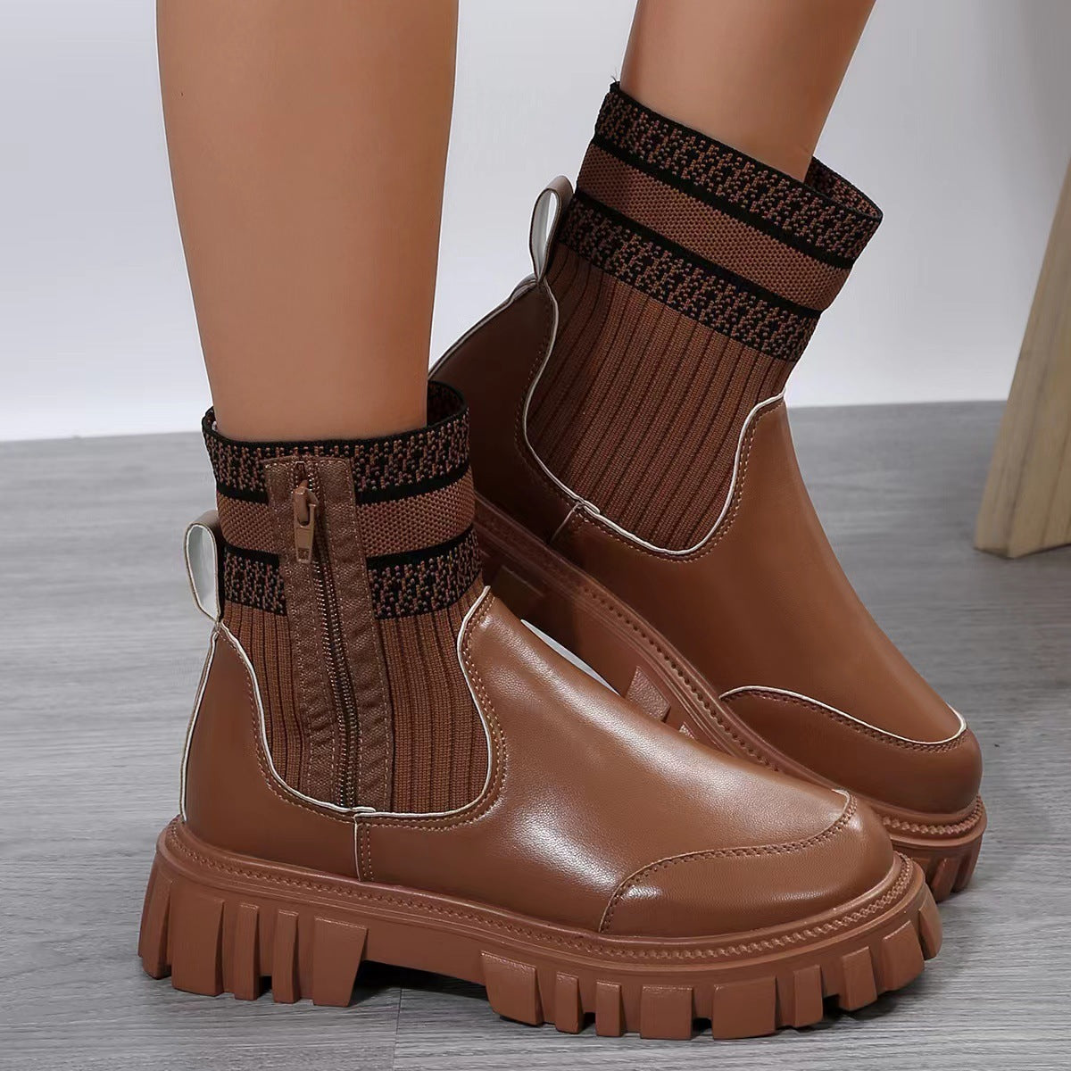 Modische Mid-Tube-Stiefel mit Reißverschluss und Strick-Patchwork für Damen
