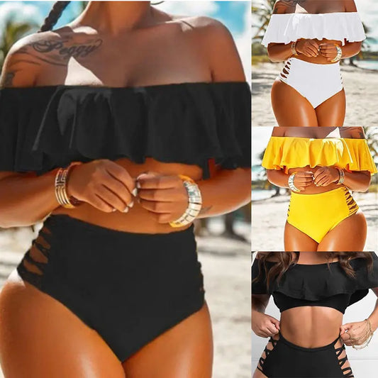 Neuer Split-Badeanzug mit Schulterfreiheit und gerüschtem Strand-Bikini