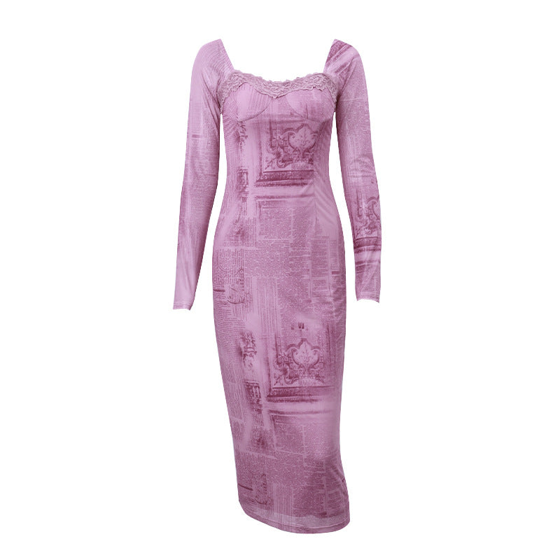 Retro Slim-Fit Kleid mit quadratischem Kragen und langen Ärmeln für Damen