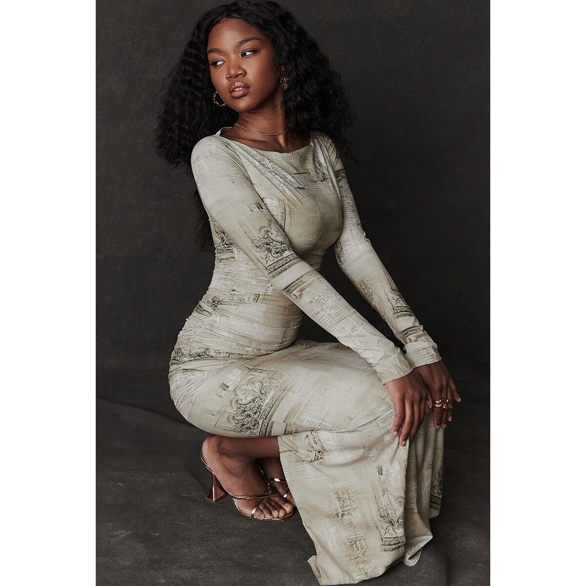 Damen Bedrucktes Langarm Rundhals Enges Kleid