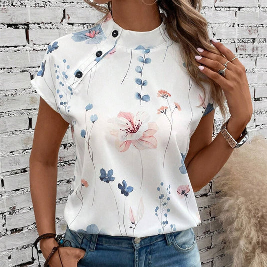 Damen Freizeit Stehkragen Kurzarm Digital bedrucktes Top T-Shirt