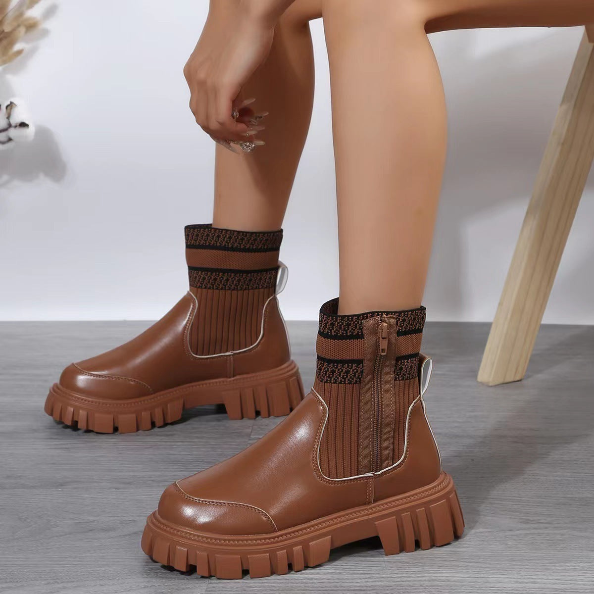 Modische Mid-Tube-Stiefel mit Reißverschluss und Strick-Patchwork für Damen