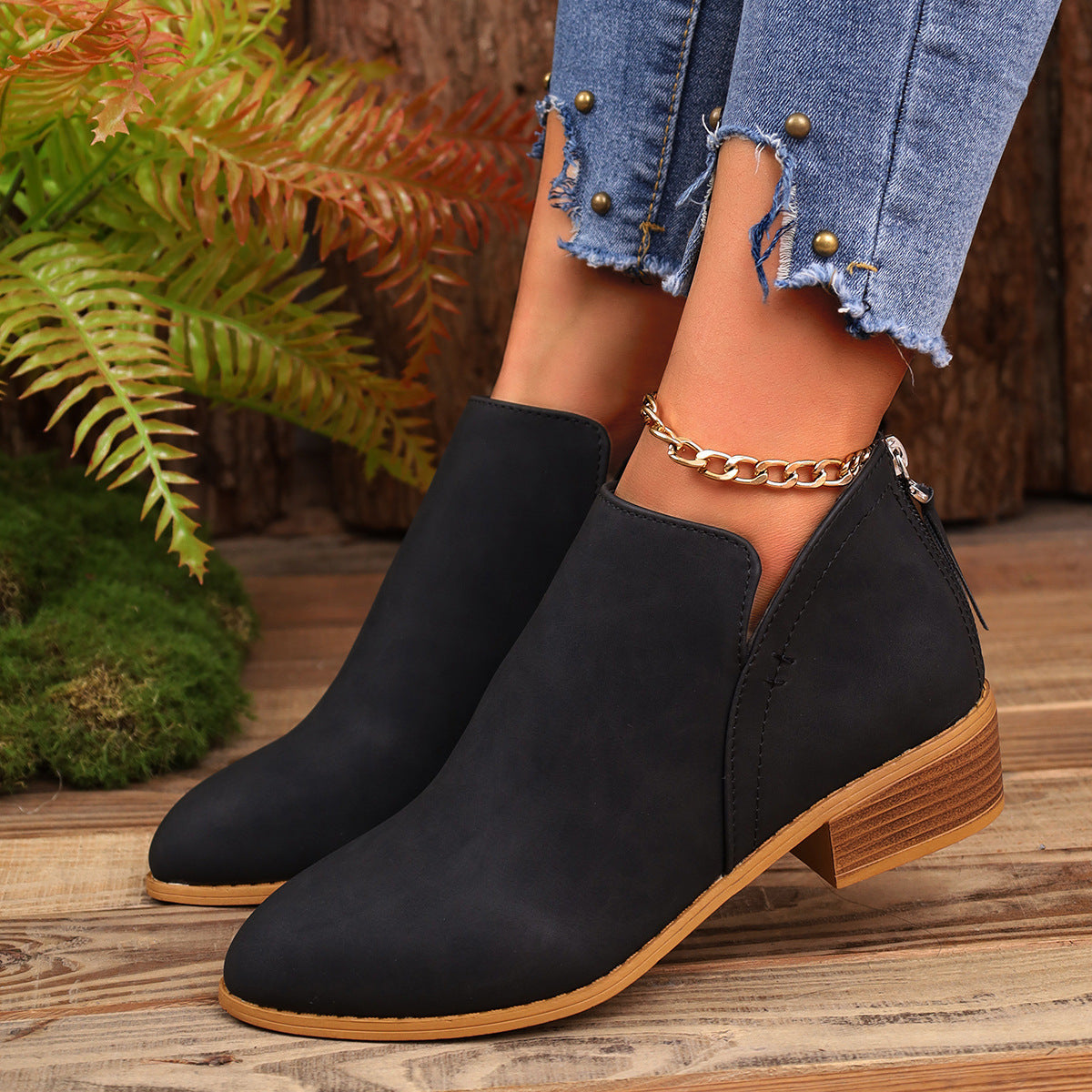 Klobige Ferse V-Schnitt Stiefeletten für Frauen