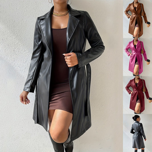 Damen Langärmliger PU-Trenchcoat mit schlanker Passform