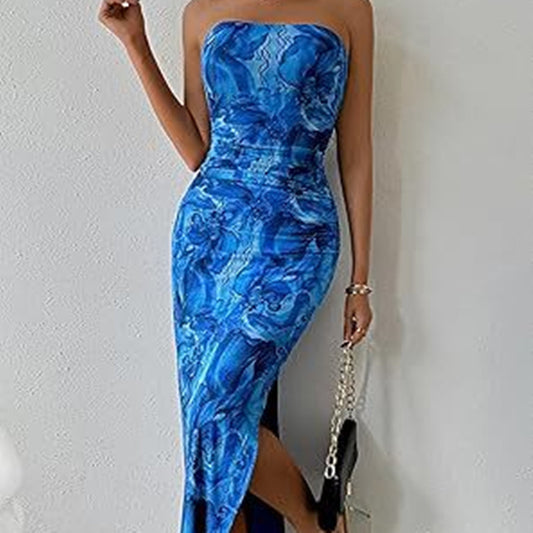Damenkleid mit ärmellosem Print und Schlitzsaum am Saum