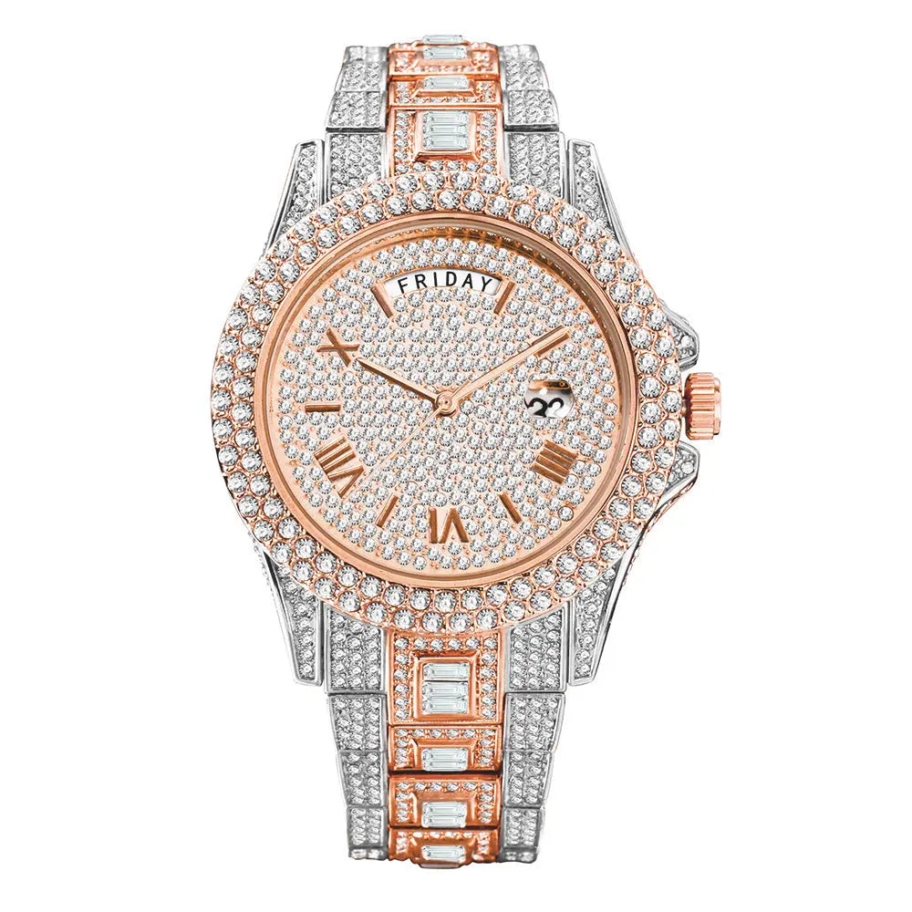 Modische High-End-Doppelkalender-Business-Uhr mit Voll-Diamant-Quarz