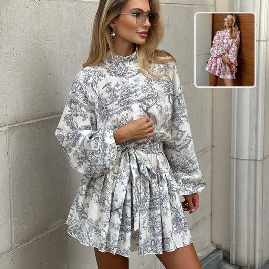 Damen-Langarmkleid mit Tintenprint und Puffärmeln