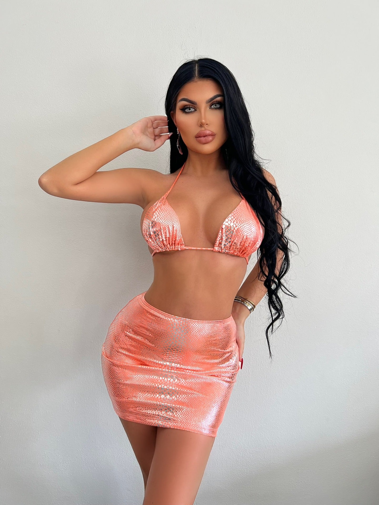 Schlangenmuster-Bikini-Set mit Cover-Up-Rock für Damen