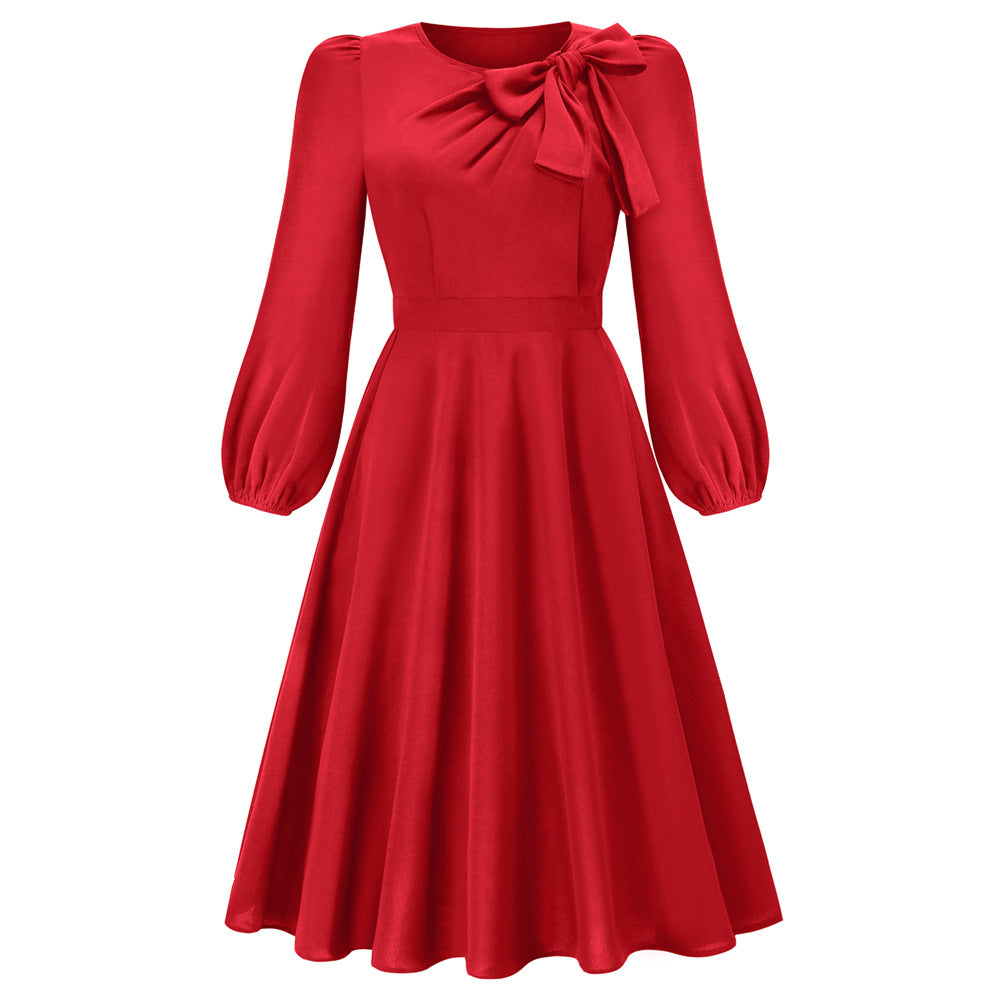 Herbst- und Winterkleid mit langen Ärmeln, Rundhalsausschnitt und Schleife