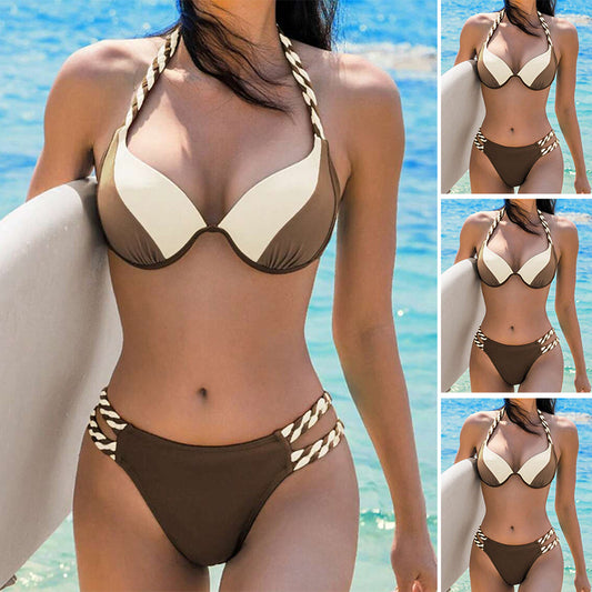 Damenmode-Temperament-Farbabstimmung Dreieck-Hoch-Taillen-Bikini-Badeanzug Zweiteiler