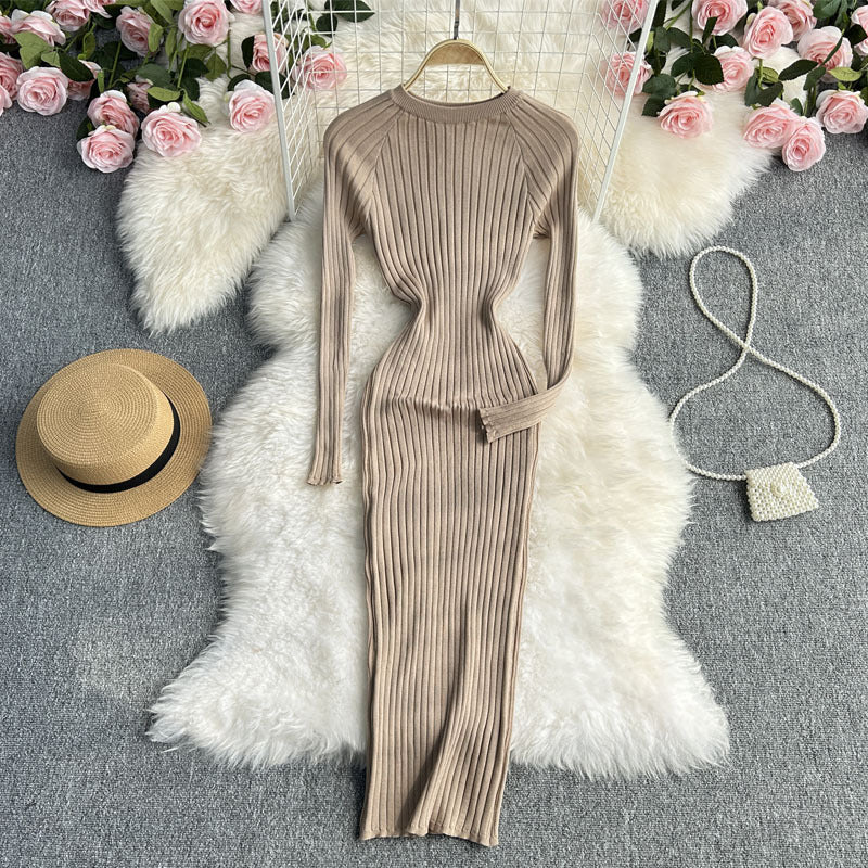 Herbst und Winter langärmliges Rundhals-Slim-Fit-Kleid mit betonter Taille