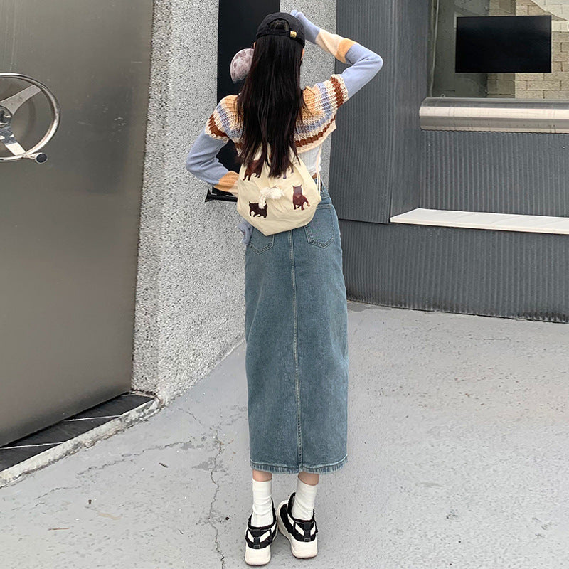 Denim Midi-Rock Damen Hohe Taille Locker Gespalten