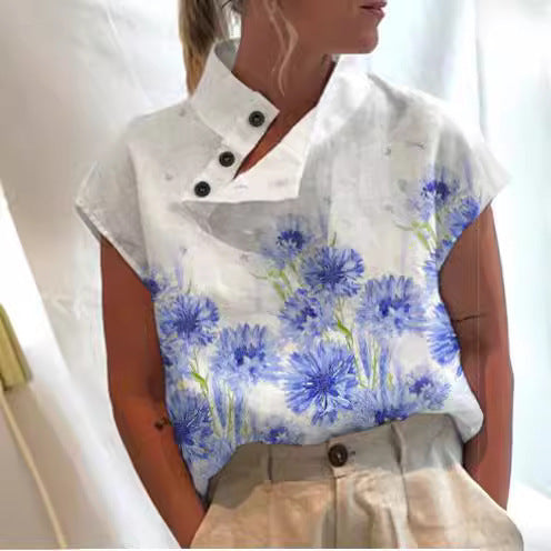 Damen Freizeit Stehkragen Kurzarm Digital bedrucktes Top T-Shirt