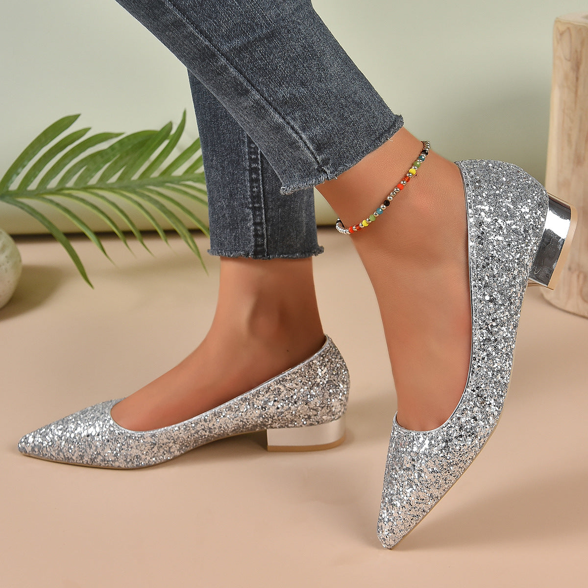Kristall-Pailletten Damenschuhe mit niedrigem Absatz