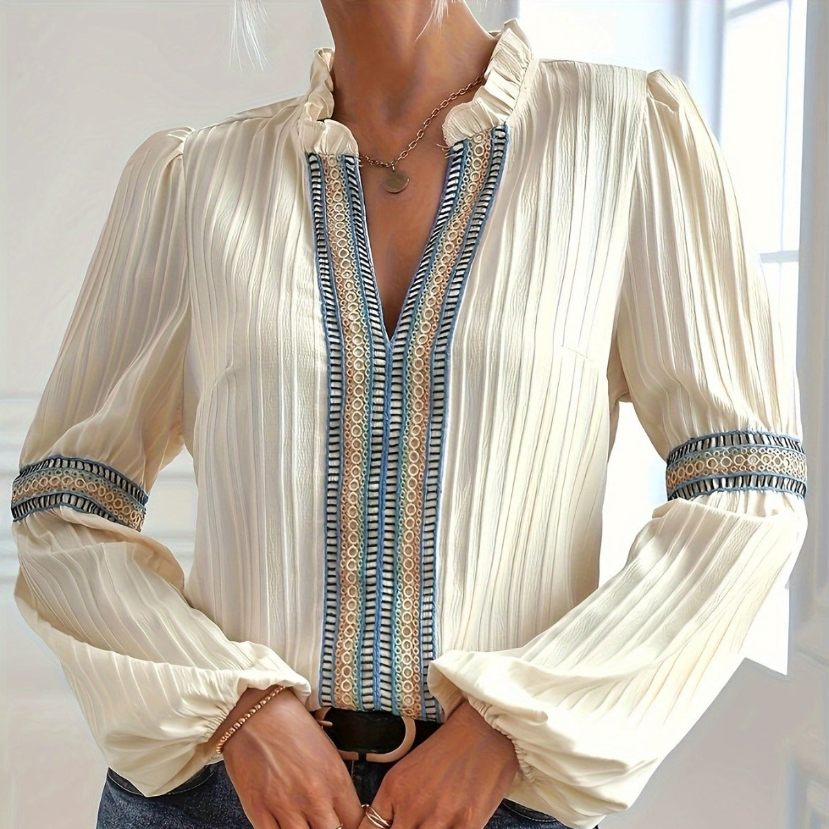 Schlichtes Spitzen-Patchwork-Shirt mit V-Ausschnitt