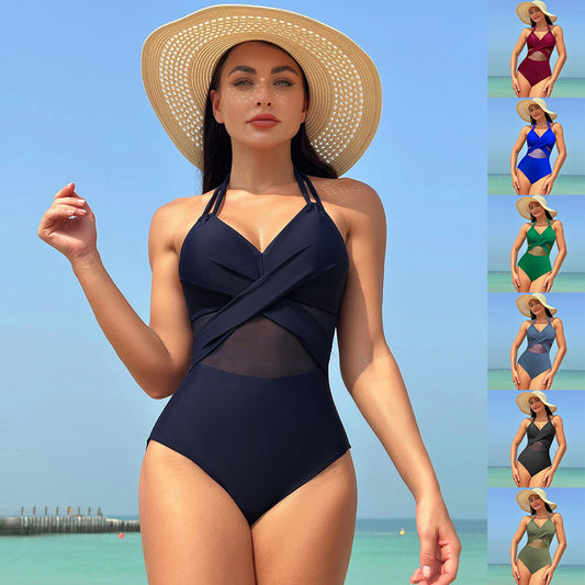 Einteiliger Badeanzug mit Halfter-Ausschnitt und Kreuzgurt-Design für Damen