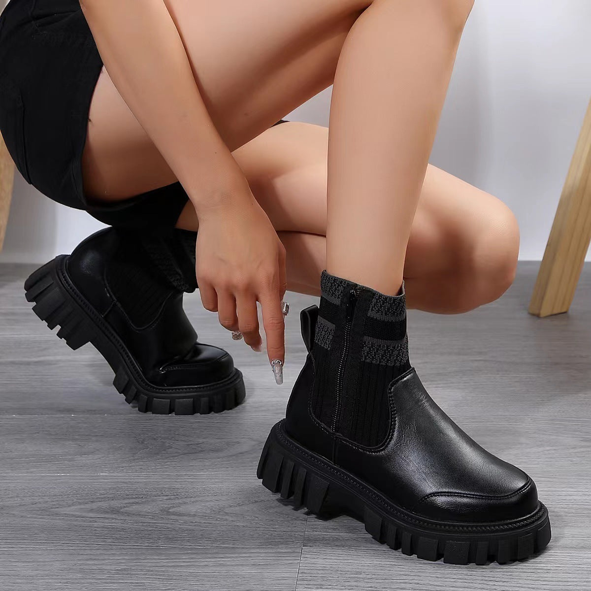 Modische Mid-Tube-Stiefel mit Reißverschluss und Strick-Patchwork für Damen