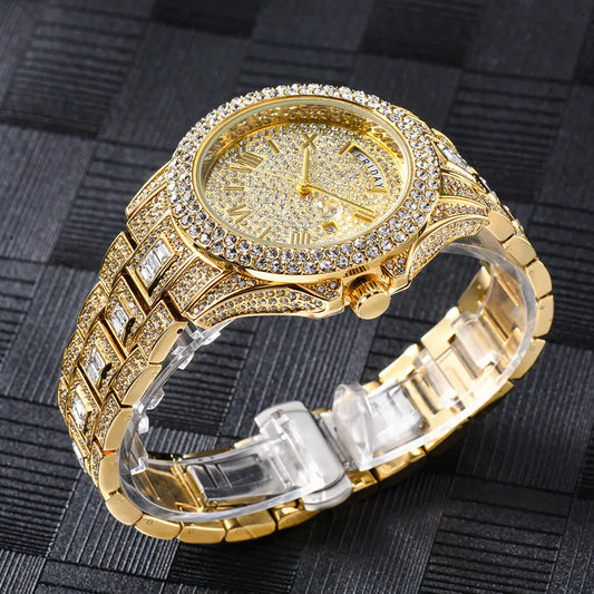 Modische High-End-Doppelkalender-Business-Uhr mit Voll-Diamant-Quarz
