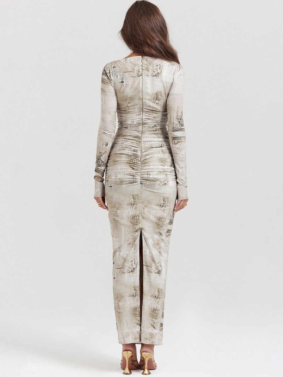 Damen Bedrucktes Langarm Rundhals Enges Kleid