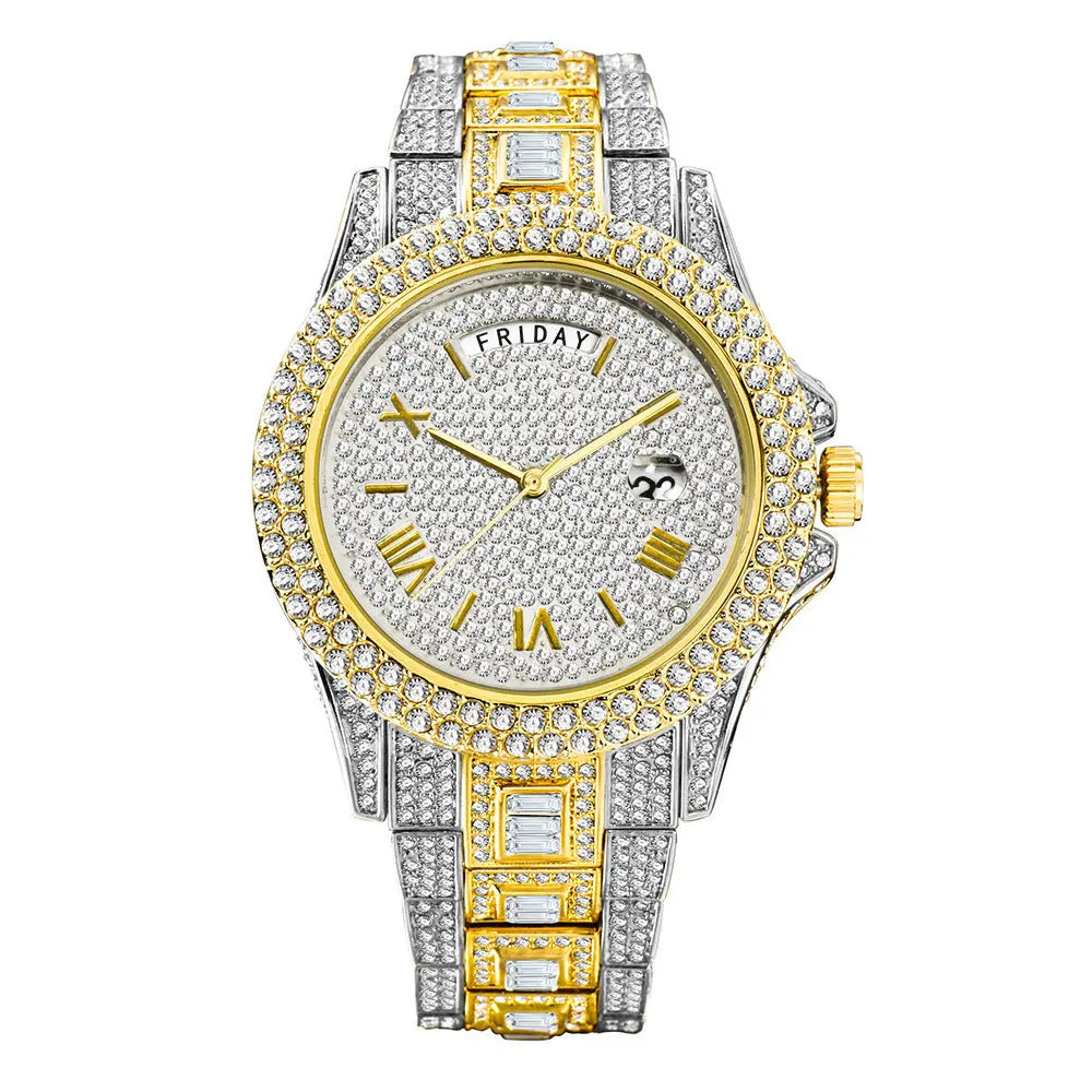 Modische High-End-Doppelkalender-Business-Uhr mit Voll-Diamant-Quarz