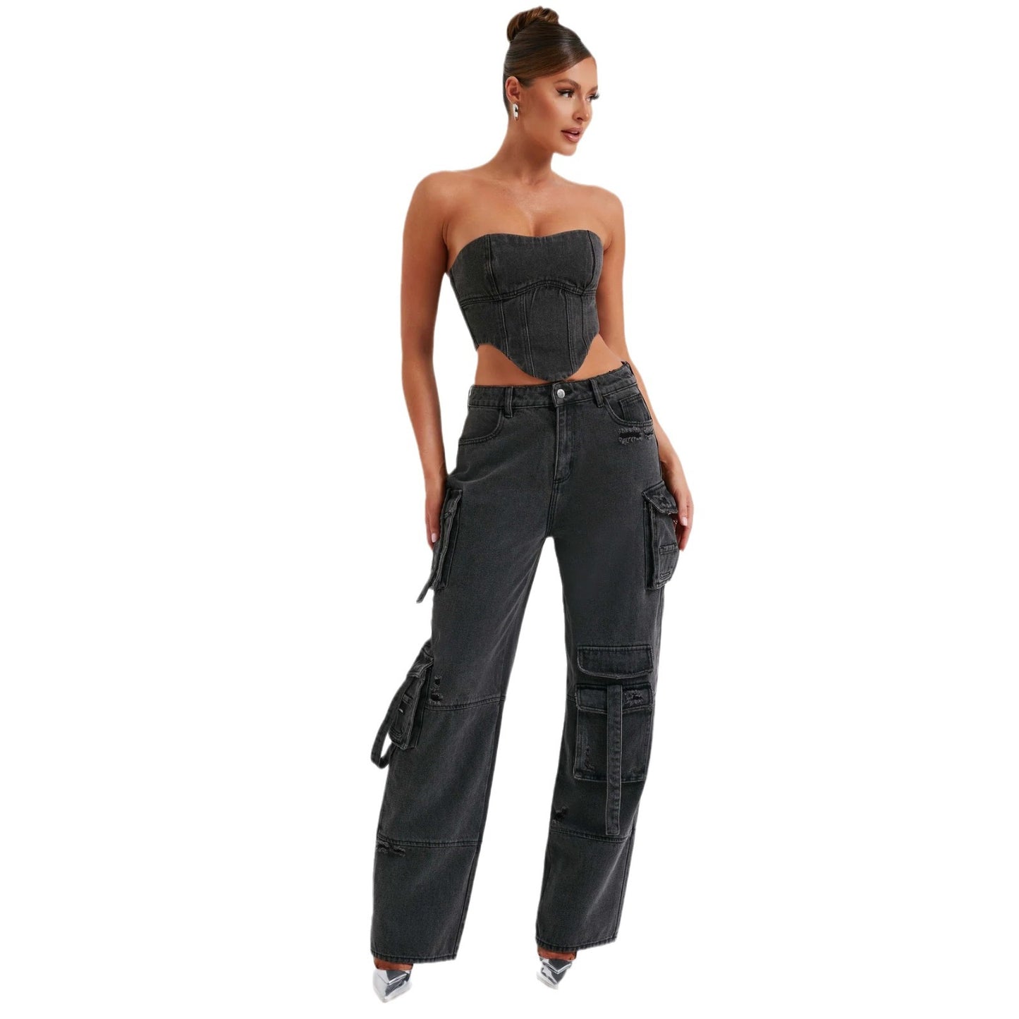 Damen-Denimhose mit weitem Bein