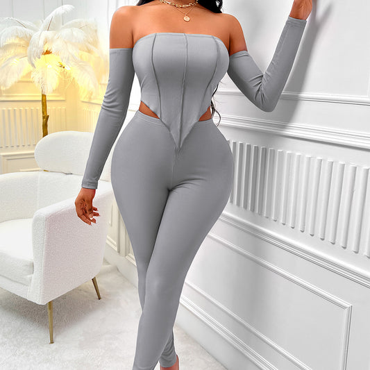 Frauen Herbst Winter Mode Langarm Off-Shoulder Slim Fit Anzug